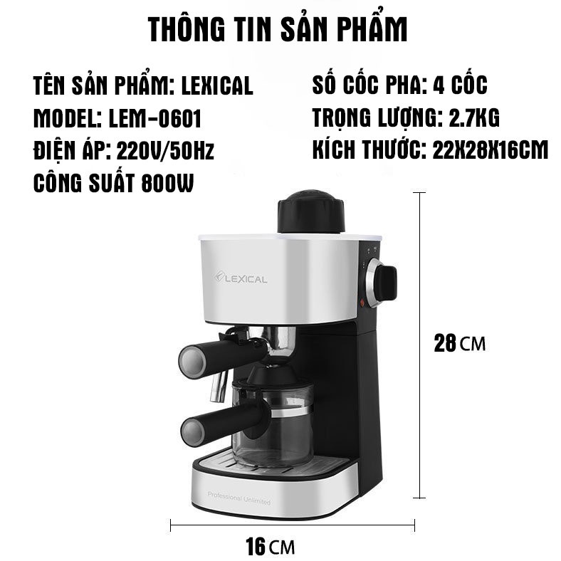 Máy pha cà phê LEXICAL automatic, hàng chính hãng, bảo hành 12 tháng