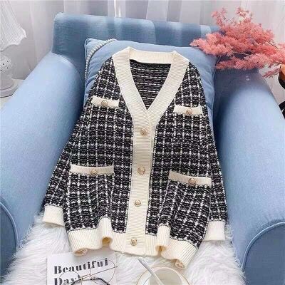 Áo cardigan viền đen trắng nhũ sang chảnh Junnie Closet Áo choàng len kẻ ô cúc vàng gạo zizac Hàn Quốc