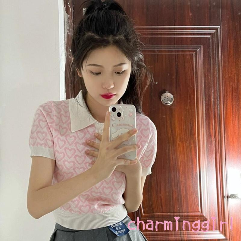 Áo Croptop Dệt Kim Tay Ngắn 1 / 3 Nút In Họa Tiết Trái Tim Đơn Giản Thời Trang Mùa Hè Cho Nữ