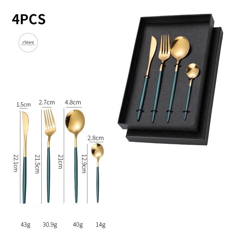 (XẢ Kho) Bộ 4 Món Muỗng Thìa Nĩa Dao Mạ Vàng Cao cấp bằng Thép không gỉ, Bộ Sản Phẩm Trang Trí Bàn Ăn Sang Trọng