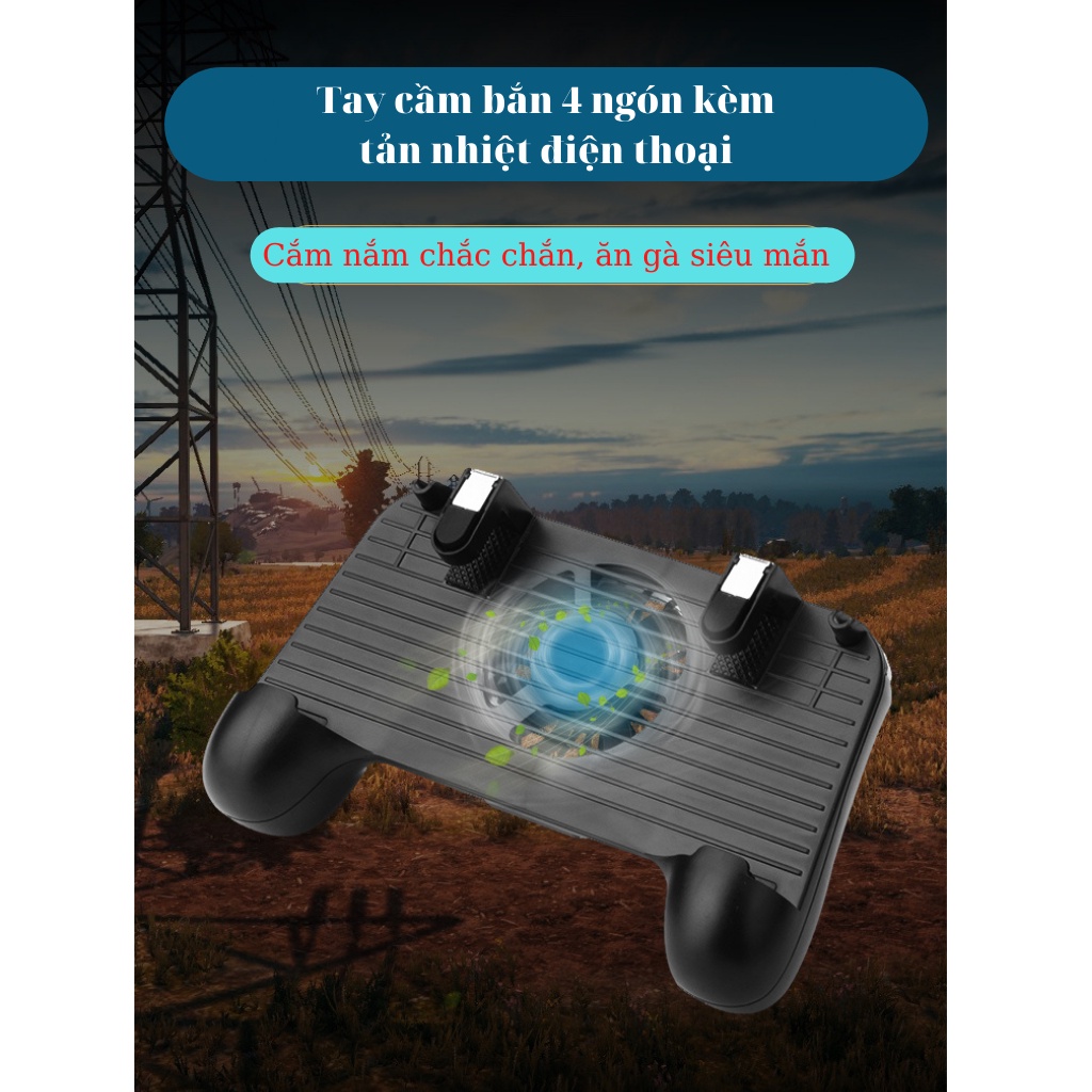 Tay cầm chơi game có nút bấm hỗ trợ chơi 6 ngón kèm tản nhiệt điện thoại dành cho PUBG, Free Fire