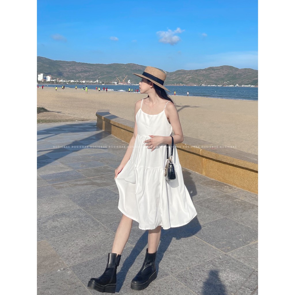 Váy đầm Midi hai dây dáng suông babydoll màu trắng siêu đẹp đi biển, du lịch, đi chơi mặc thoải mái mát mẻ - Rosie Bae