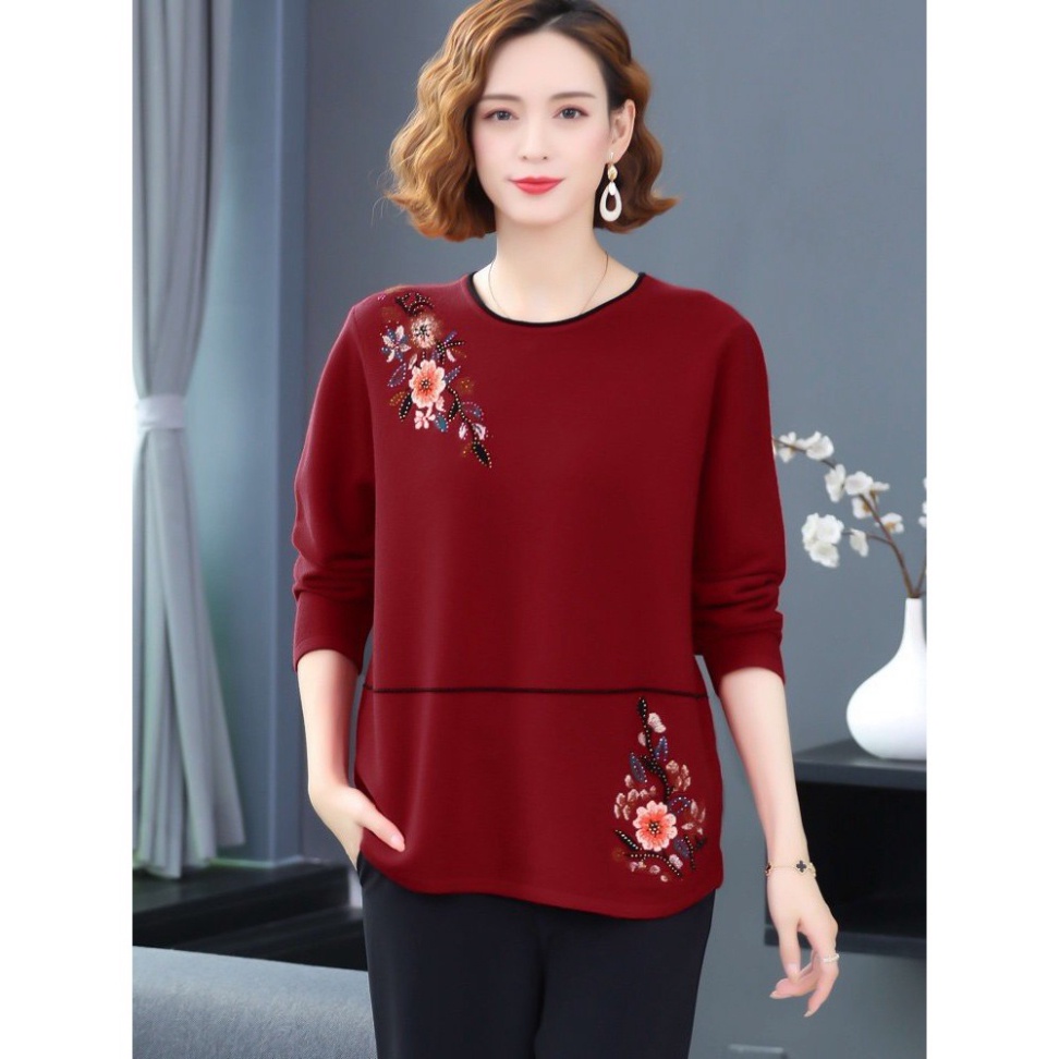 Áo thun nữ trung niên dài tay dáng rộng - Áo thun mặc nhà cho mẹ chất xneo