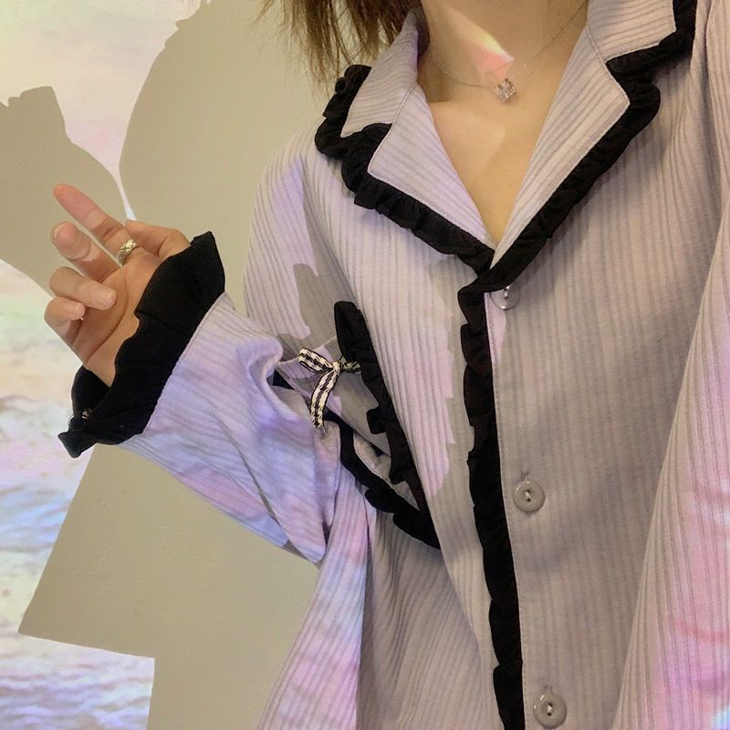 Bộ Đồ Ngủ Tay Dài Phối Bèo Màu Sắc Đơn Giản Thời Trang Xuân Thu Xinh Xắn Cho Nữ