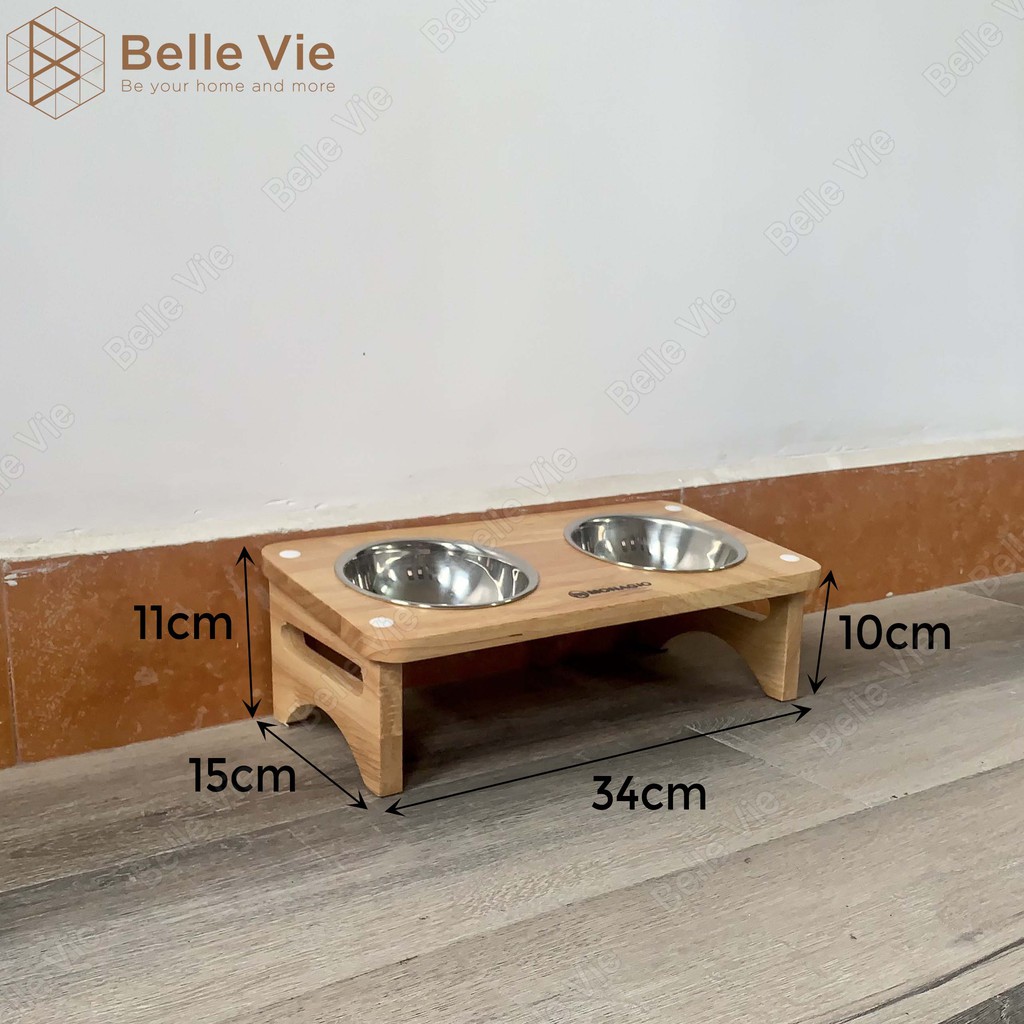 Khay Đựng Thức Ăn Cho Thú Cưng BELLEVIE Khay Gỗ Kèm Bát Ăn Inox Cho Chó Mèo