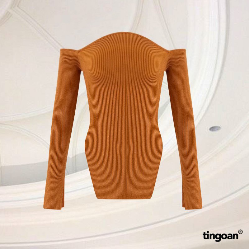 TINGOAN®  - Áo len xù trễ vai lượn viền ngực xẻ vạt thân và tay cam đất tingoan KISS ME AGAIN TOP/OR
