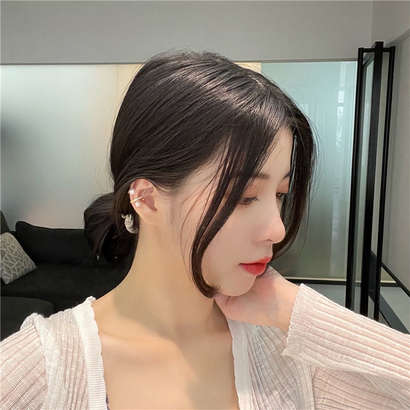 Khuyên tai kẹp vành một bên không bấm lỗ K049 bằng hợp kim mạ vàng đính đá hạt trai dáng ngắn