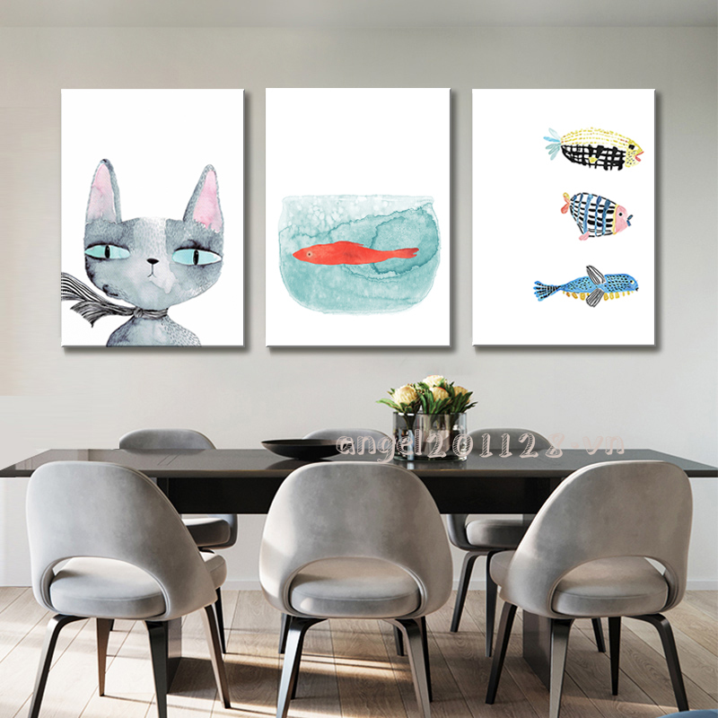 Angle🔥Tranh trang trí Bắc Âu mèo cá động vật trang trí nhà phòng khách bức tranh sơn dầu nhà hàng bức tranh tường nhà hàng khung gỗ rắn