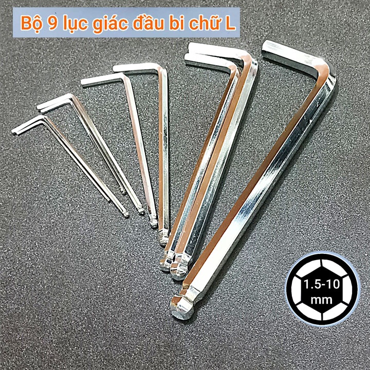 Bộ lục giác bi 9 cây chữ L thép #45 CRV mạ Niken Size 1.5 đến 10mm phong cách bền đẹp chắc chắn.