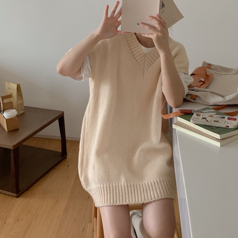 Áo Sweater Dệt Kim Không Tay Cổ Chữ v Phong Cách Hàn Quốc Dành Cho Nữ