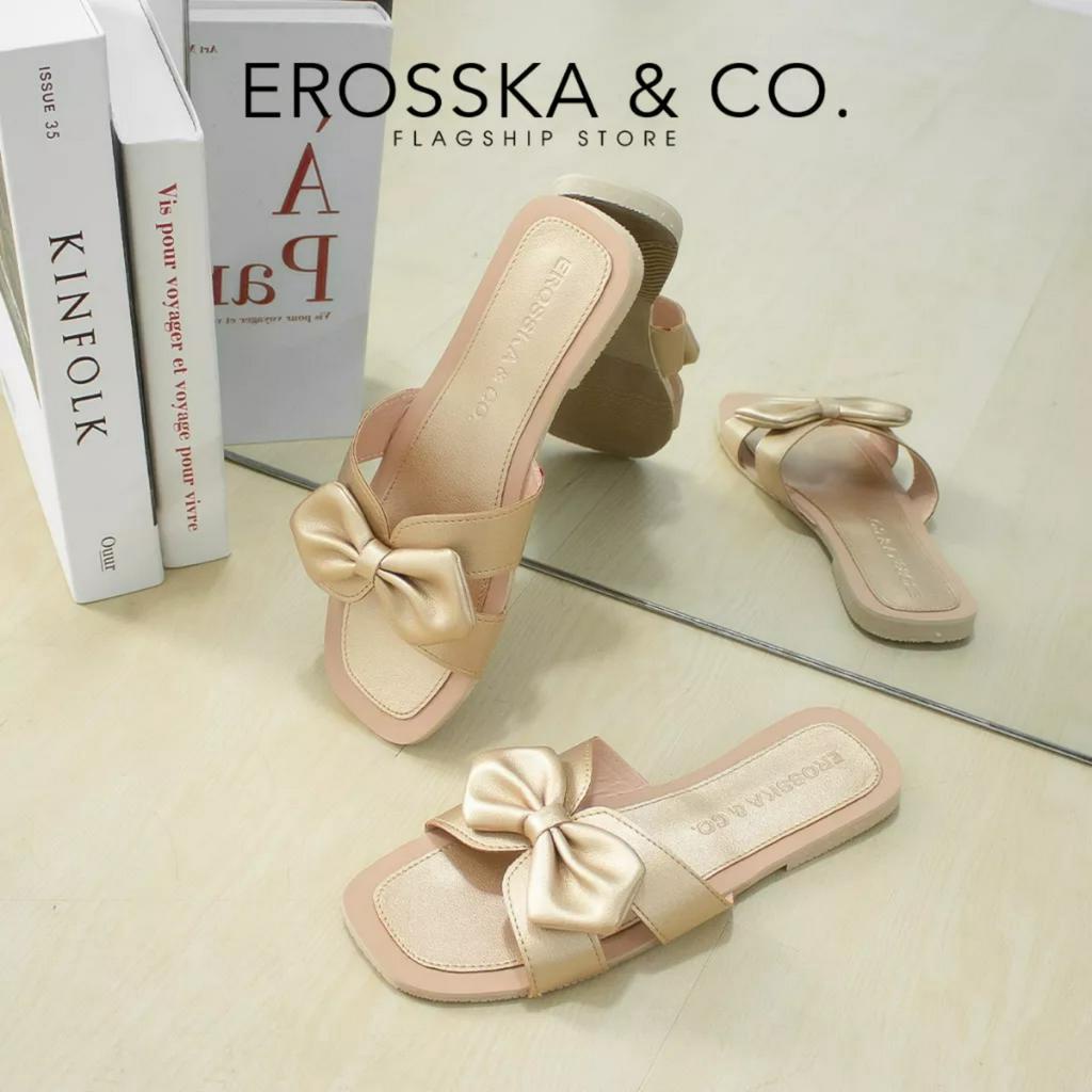 Erosska - Dép nữ đế bệt tiểu thư gắn nơ phong cách Hàn Quốc 2023 màu gold _ DE062