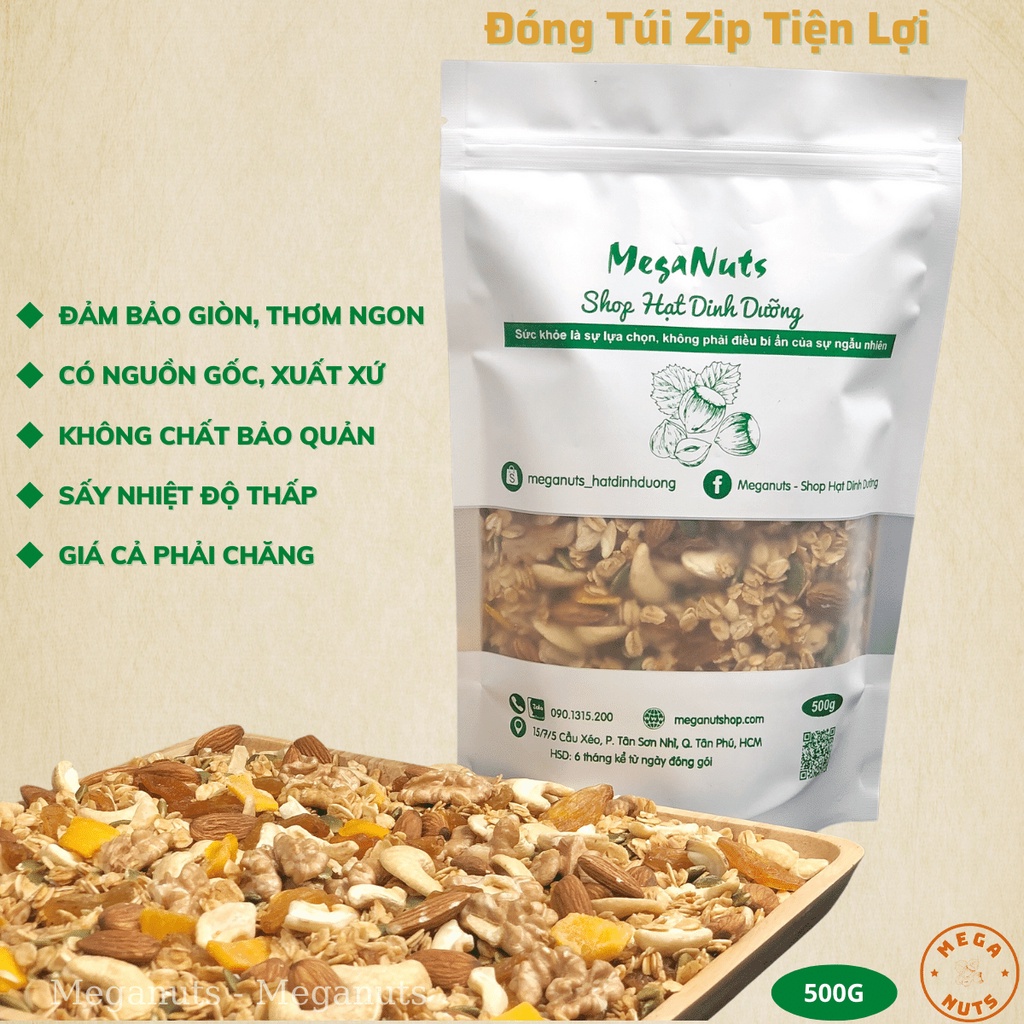 Granola Siêu Hạt Ăn Kiêng Meganuts 500gr mix hạt dinh dưỡng không đường - Ngũ cốc giảm cân, dinh dưỡng mẹ bầu