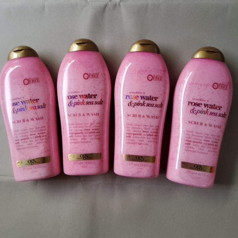 Sữa tắm tẩy tế bào chết OGX Rose Water &amp; Pink Sea Salt - 577ml