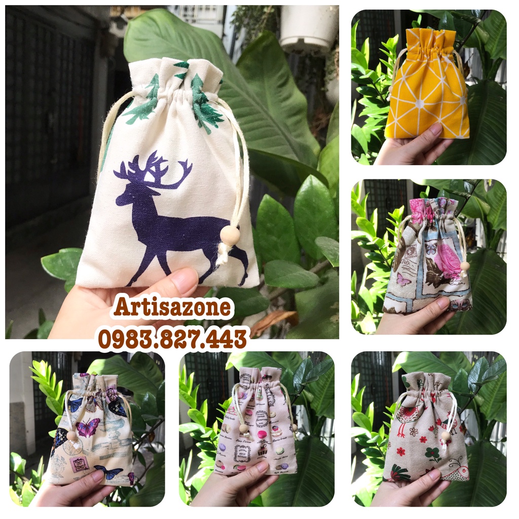 Túi vải dây rút họa tiết mini, kích thước: 15cmx12cm  - 01 chiếc -