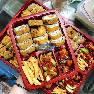 10 Hộp nhựa cơm 4 ngăn màu đỏ đen HT10 đựng kim chi , bánh phối đế đen - Plastic box