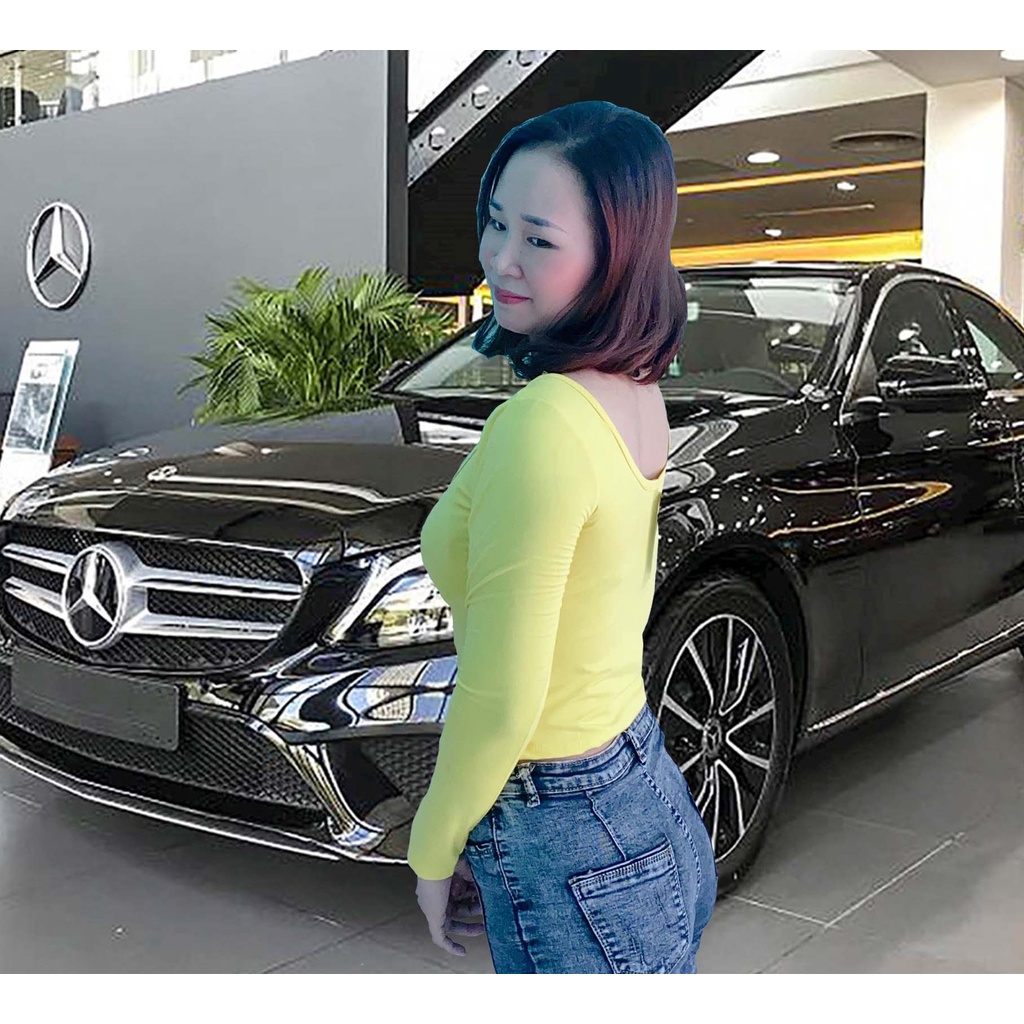 Áo thun Tay Dài Cổ Vuông Co Giãn Phong Cách Hàn Quốc