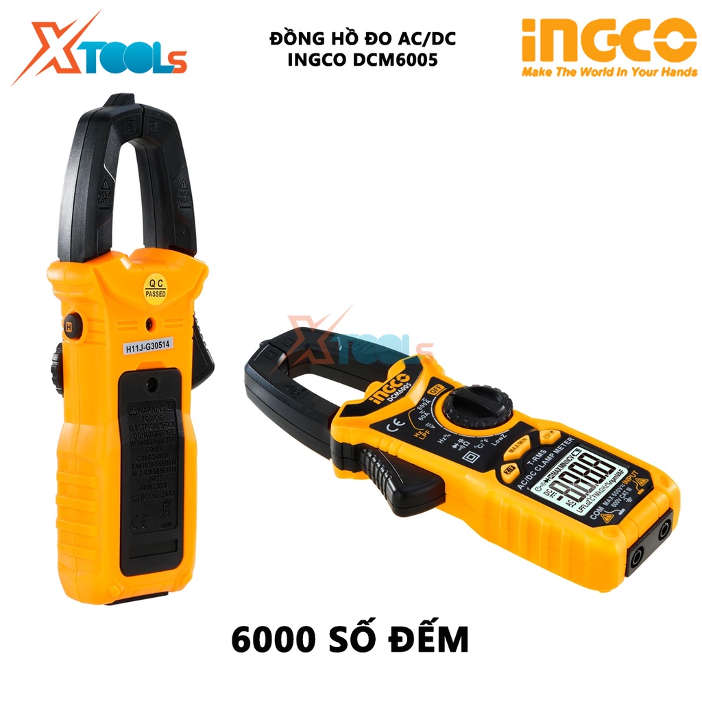 Đồng hồ kẹp AC/DC INGCO DCM6005 | Ampe kìm AC/DC 6000 số đếm / Giữ dữ liệu Dòng điện một chiều 60A / 600A ± (2,5% + 5) H