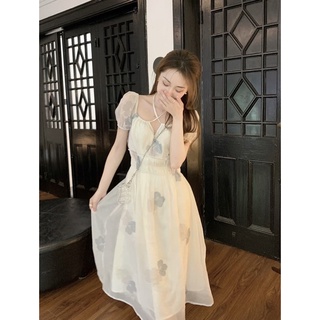 ĐẦM MIDI TRẮNG BO EO HOA TÍM DÂY CỘT CỔ