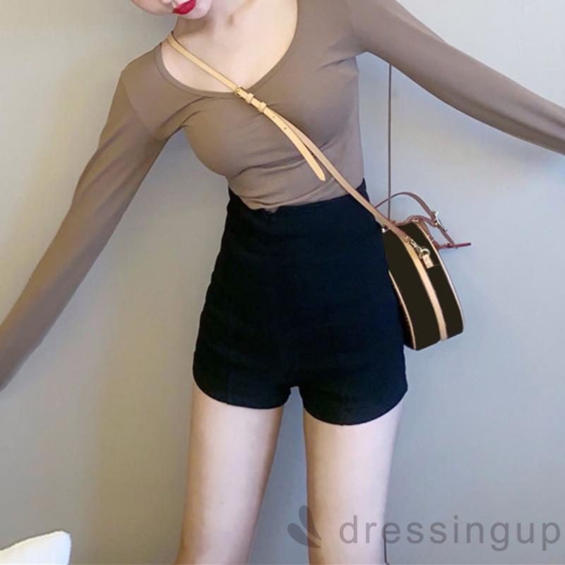 Áo Thun Tay Dài Cổ Xẻ Tà Màu Trơn / Trắng / Kaki Cho Nữ (Màu Đen)