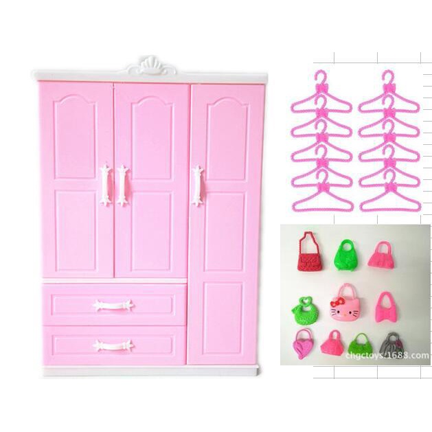 Tủ quần áo cho búp bê barbie kèm phụ kiện túi và móc treo xinh xắn trang trí nhà búp bê ANDATOY AD946