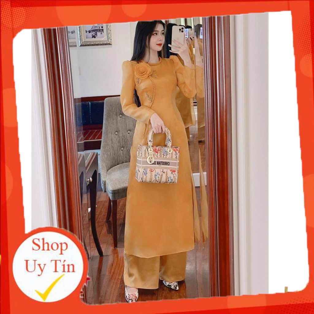Áo dài cách tân chất voon organza  - vàng tết cổ
