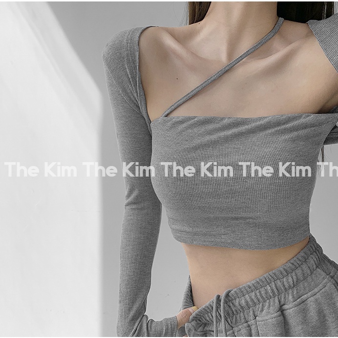 Áo len tăm dài tay croptop cổ vuông dây chéo ngực , thun tăm quây ngực tay dài The Kim AD135