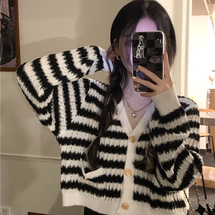 Áo khoác cardigan BH dệt kim tay dài kẻ sọc kiểu vintage Hàn Quốc thời trang 2022 cho nữ
