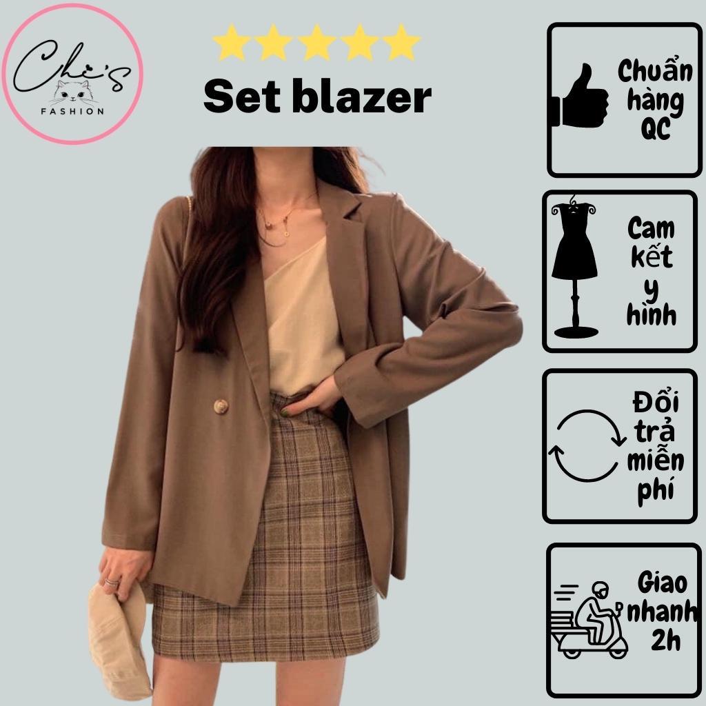 Set áo Blazer nữ cao cấp dài tay cổ vest dáng rộng màu nâu đen kèm chân váy kẻ caro