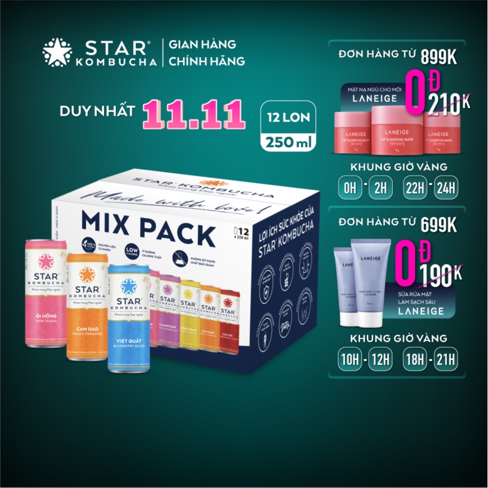 Thùng 12 lon trà STAR KOMBUCHA All-in-one (250ml/lon) - Trà lên men vi sinh chứa probiotics giúp bảo vệ sức khoẻ