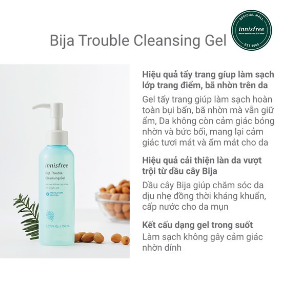 [Mã COSIF05 giảm 10% đơn 400K] Gel tẩy trang dành cho da mụn innisfree Bija Trouble Cleansing Gel 150ml