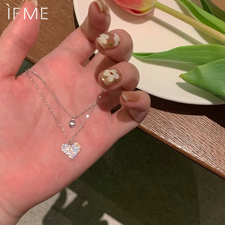 IF ME Vòng cổ Bạc Nhiều Lớp Mặt Hình Trái Tim Đính Đá Pha Lê Thời Trang Cho Nữ