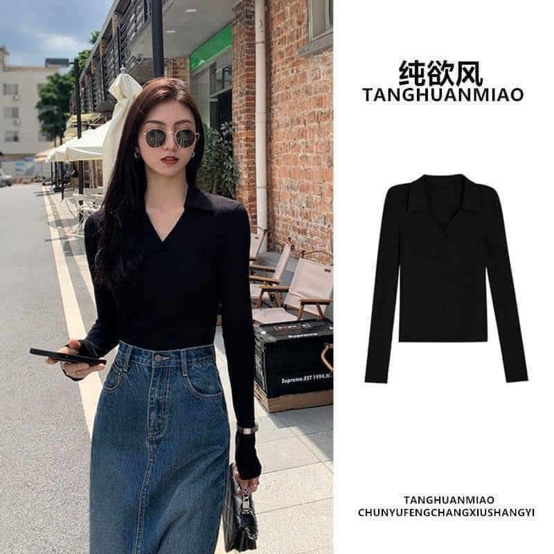 Áo thun nữ dài tay polo cổ bẻ khoét ngực chất co giãn mềm đẹp hàng Quảng Châu cao cấp