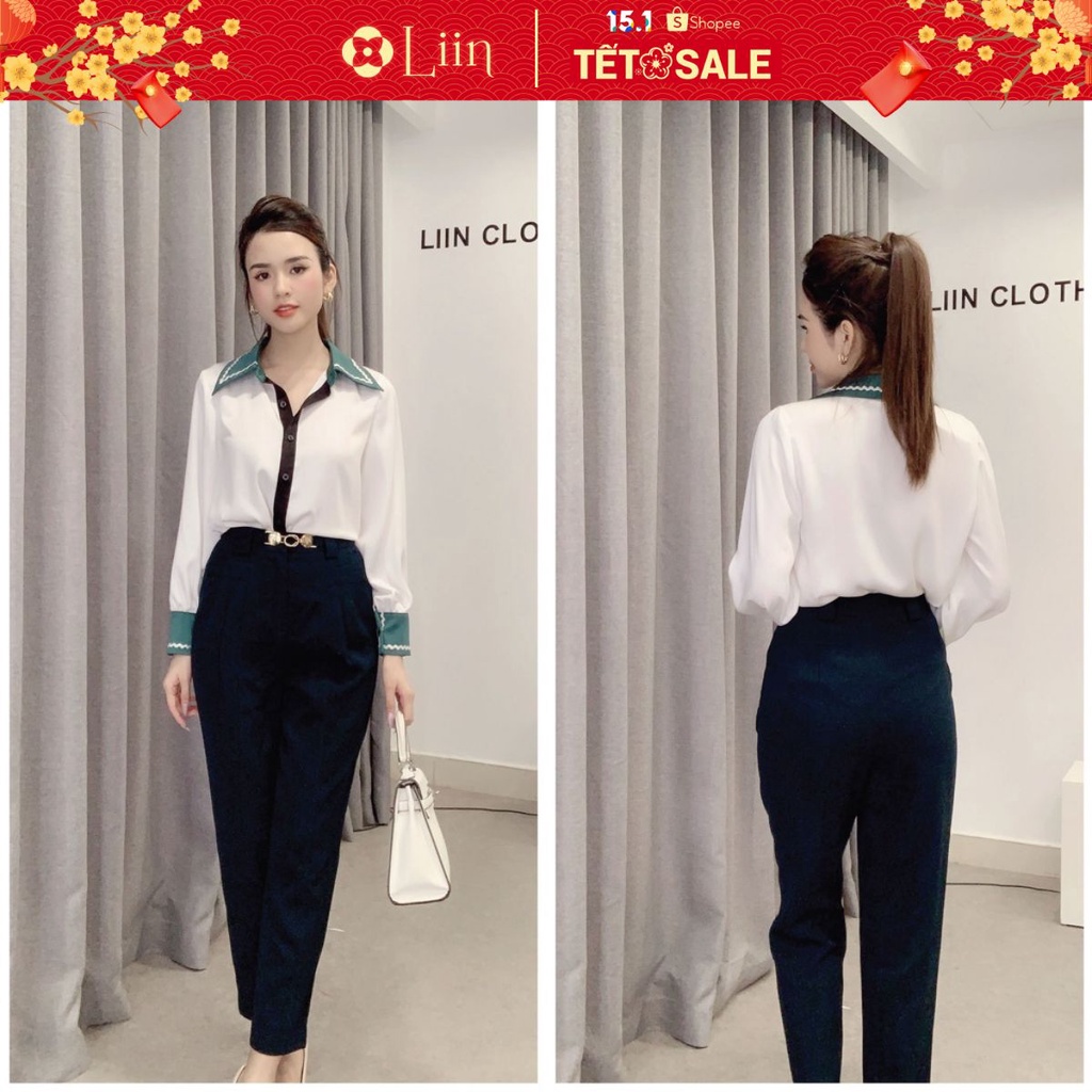 Áo sơ mi nữ màu Trắng phối Cổ Xanh form công sở thời thượng Liin Clothing SM3618