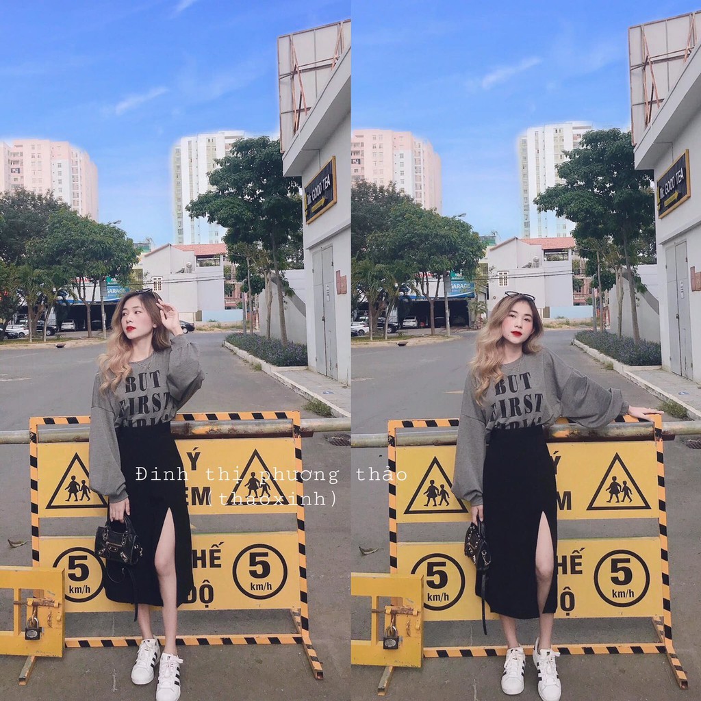 [ CHÁY HÀNG Áo croptop tay dài oversize in chữ BUT