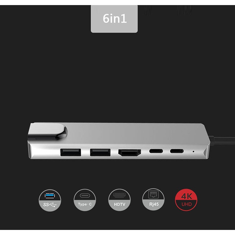Hub Type-C sang Lan RJ45 + HDMI 4K USB 3.0 + PD 6IN1 USB C sang HDMI