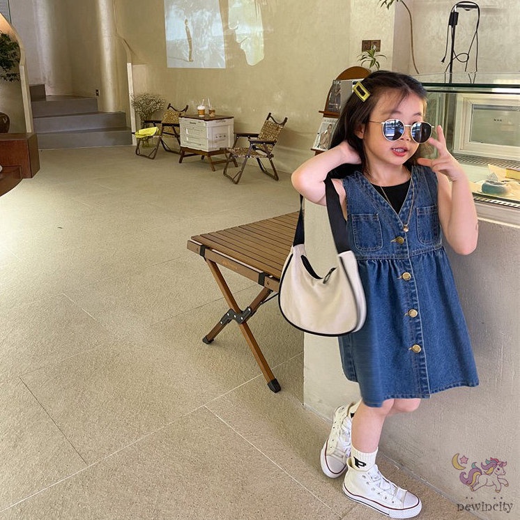 Đầm Denim Sát Nách Phối Túi Phong Cách Retro Hàn Quốc Cho Bé Gái