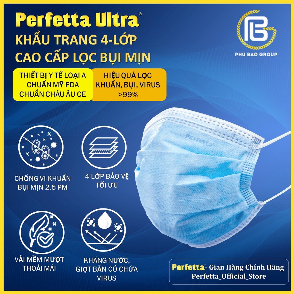 [Mã INCU50 giảm 50K đơn 150K] 4 Hộp Khẩu trang y tế 4 lớp Perfetta Ultra Trắng/Xanh (35 Cái/Hộp) | BigBuy360 - bigbuy360.vn
