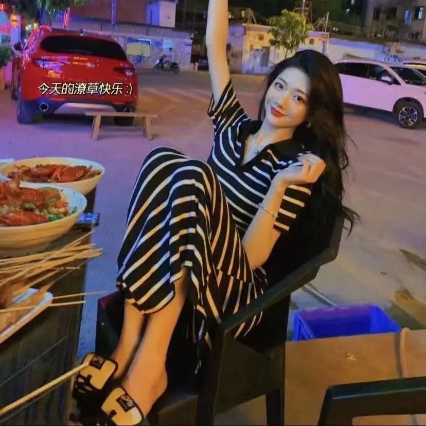 COZOK Đầm Tay Ngắn Họa Tiết Kẻ Sọc Thời Trang