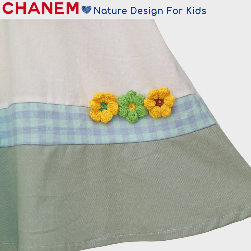 Váy bé gái SUNNY CHANEM ngắn tay phối gấu và hoa móc đáng yêu chất liệu cotton thoáng mát cho bé từ 1 - 10 tuổi