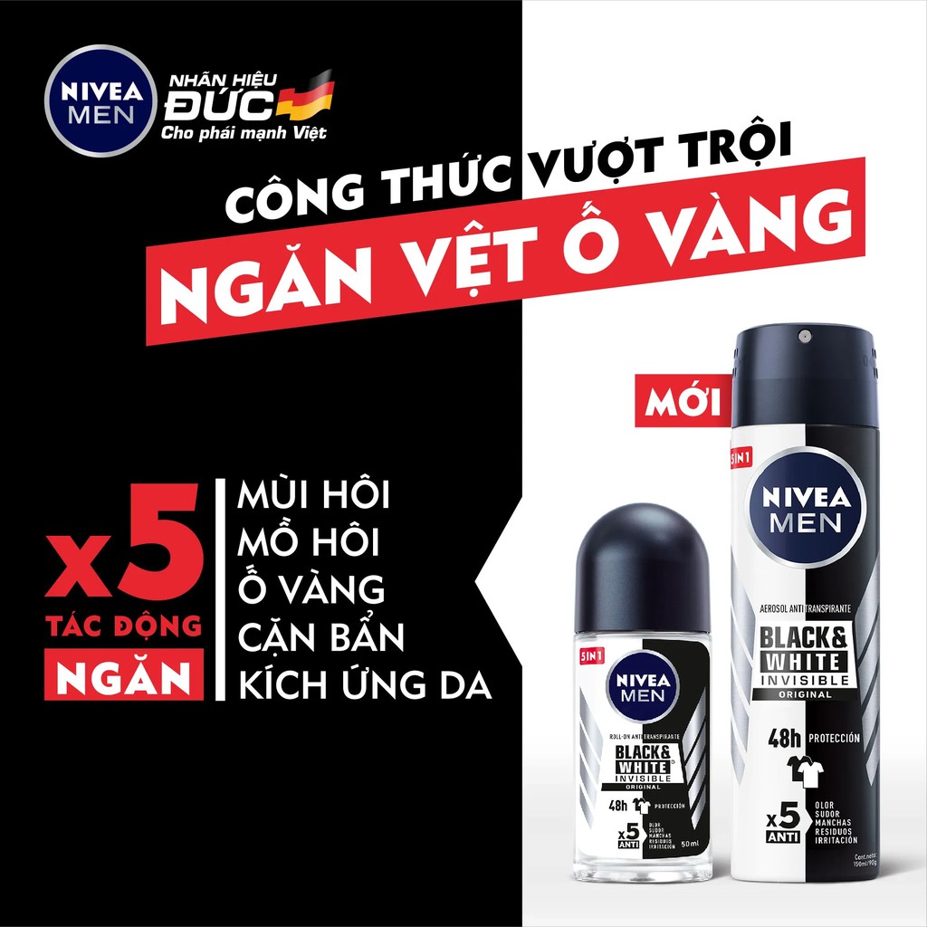 Lăn Ngăn Mùi 5in1 Ngăn Vệt Ố Vàng Vượt Trội NIVEA MEN BLACK &amp; WHITE INVISIBLE ORIGINAL - Hương nhẹ nhàng 50ml - 82245