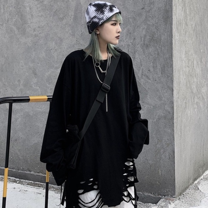Áo thun dài tay 95% cotton rách gấu tạo layer màu basic hip hop unisex nam nữ