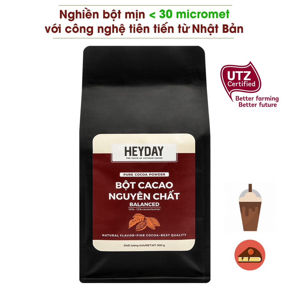 Túi 500g Bột cacao nguyên chất 100% Heyday - Dòng Balanced phổ thông - Chuẩn UTZ Quốc Tế