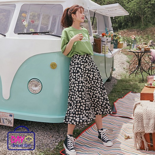 Chân váy chiffon dài lưng cao họa tiết in hoa cho nữ