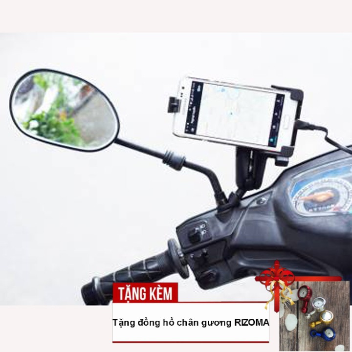 Giá đỡ điện thoại có sạc gắn ghi đông trên mô tô, xe máy có cổng sạc USB - Tặng kèm đồng hồ chân gương tiện lợi
