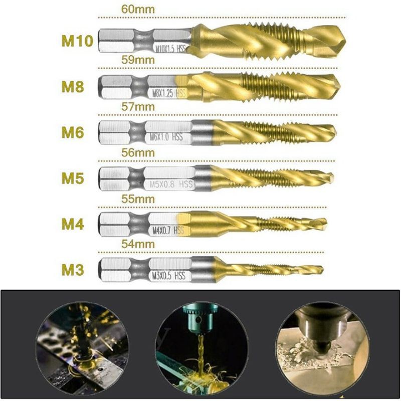 Bộ 6 mũi khoan tạo ren M3-M10 phủ Titanium chuôi lục giác - Mũi khoan taro ren đai ốc