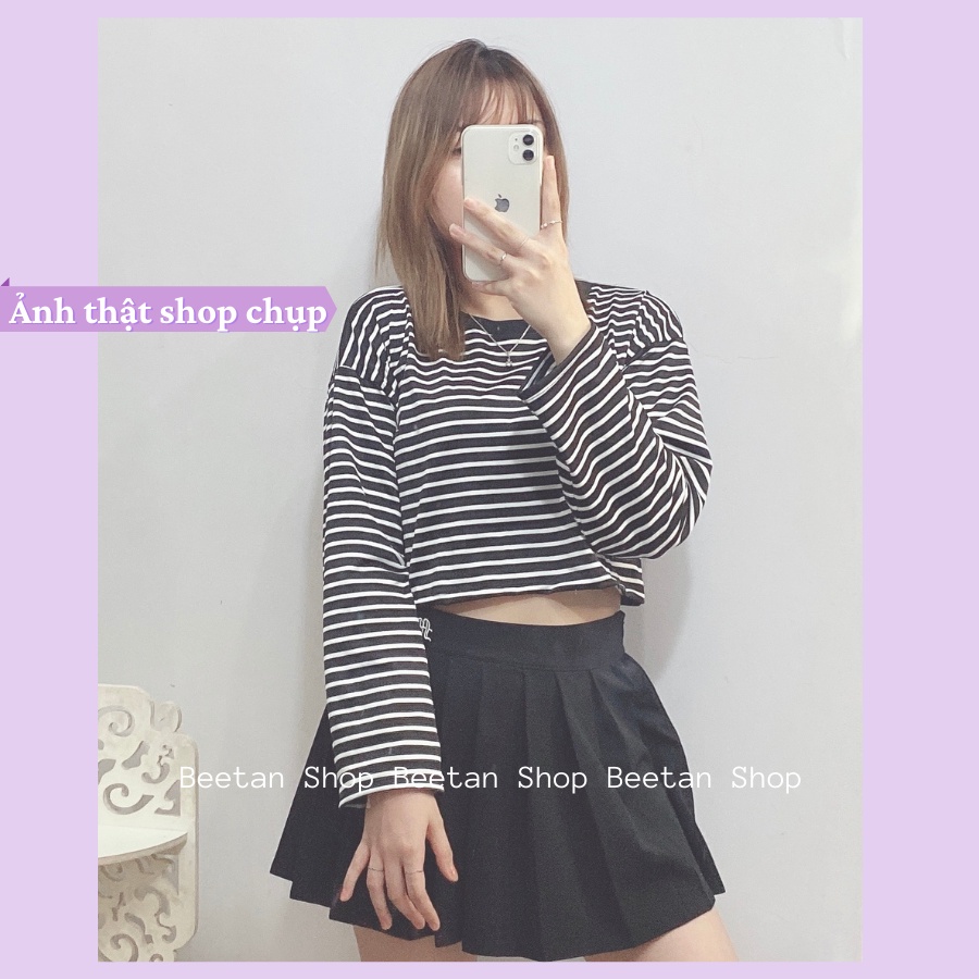 Áo croptop nữ kẻ sọc dài tay ống rộng - áo coptop form rộng dưới 60kg
