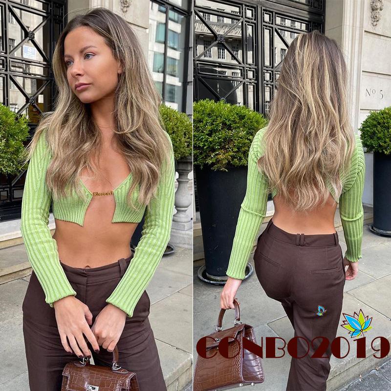 Áo Thun Mỏng Tay Dài Cổ Sâu Co Giãn Màu Sắc Trơn Dành Cho Nữ