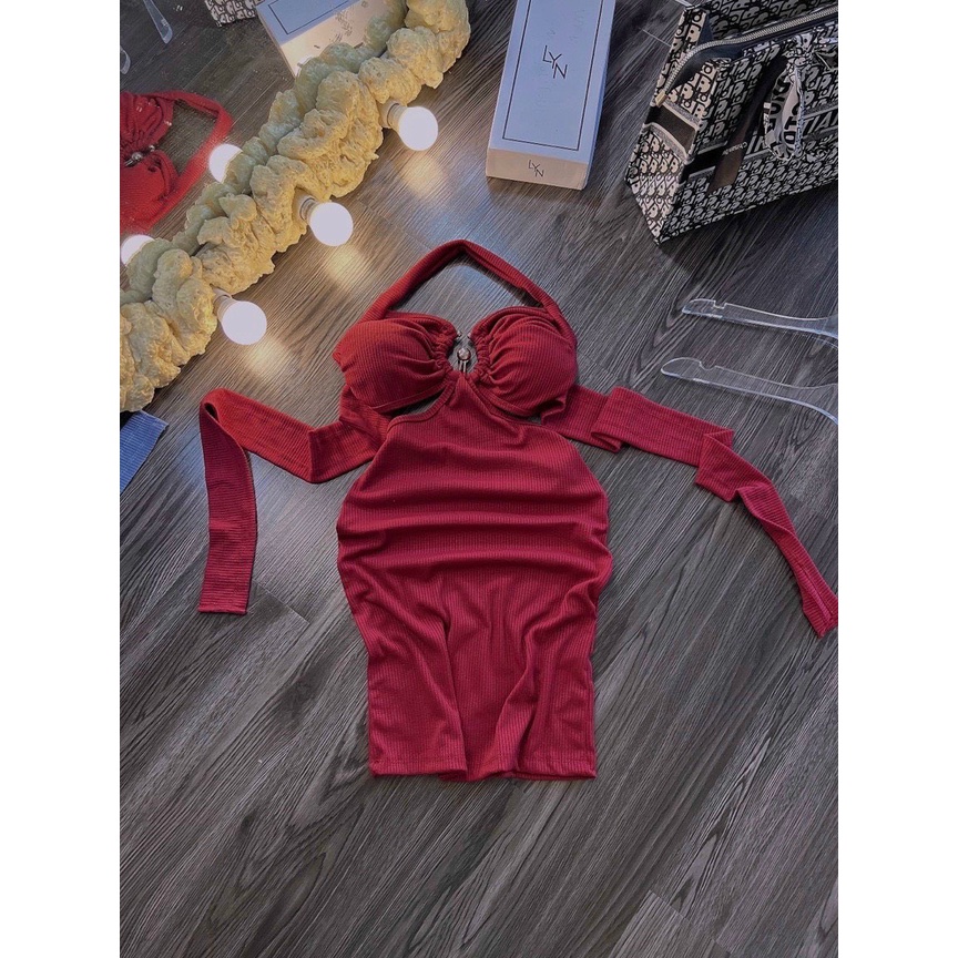 Đầm yếm khoen giữa 3 bi khoét 2 bên eo ôm cột dây nơ lưng cực sexy , chất thun gân dày dặn ly