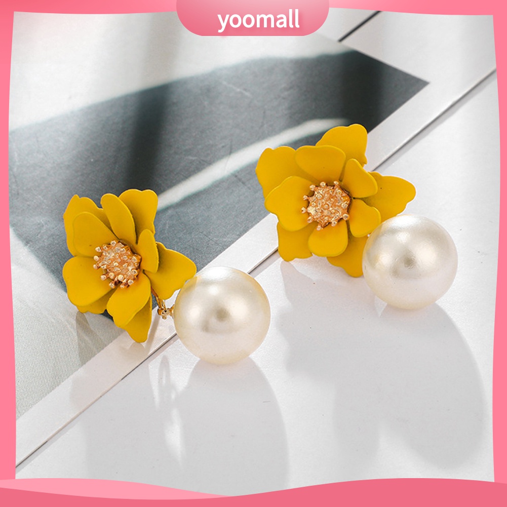 Yomall♡ Đôi Bông Tai Mặt Hoa Đính Ngọc Trai Nhân Tạo Thời Trang