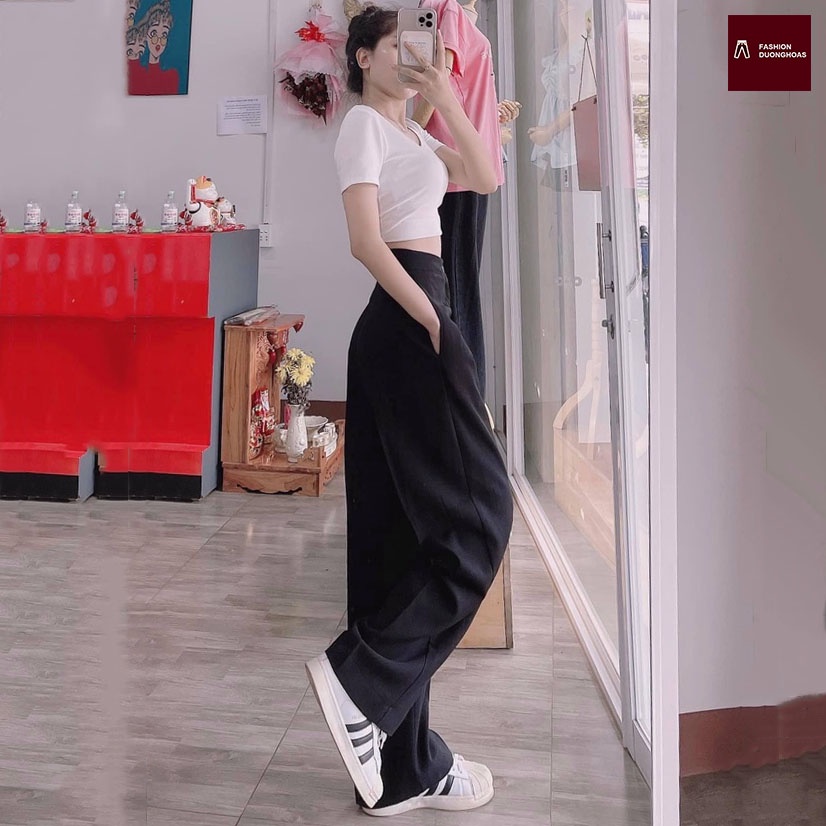 Quần Ống Rộng Suông lưng cao khóa trước 1 khuy chất tuyết mưa khuy giữa quần culottes ống xuông cạp cao cho nữ 008